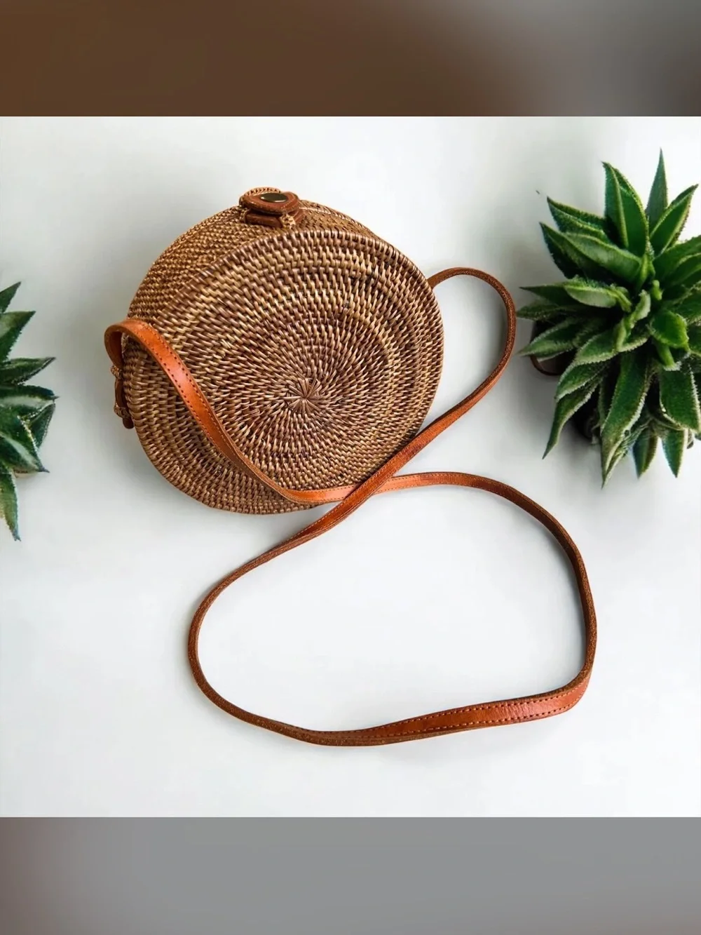 Handwoven Round Rattan Crossbody Bag - Brown